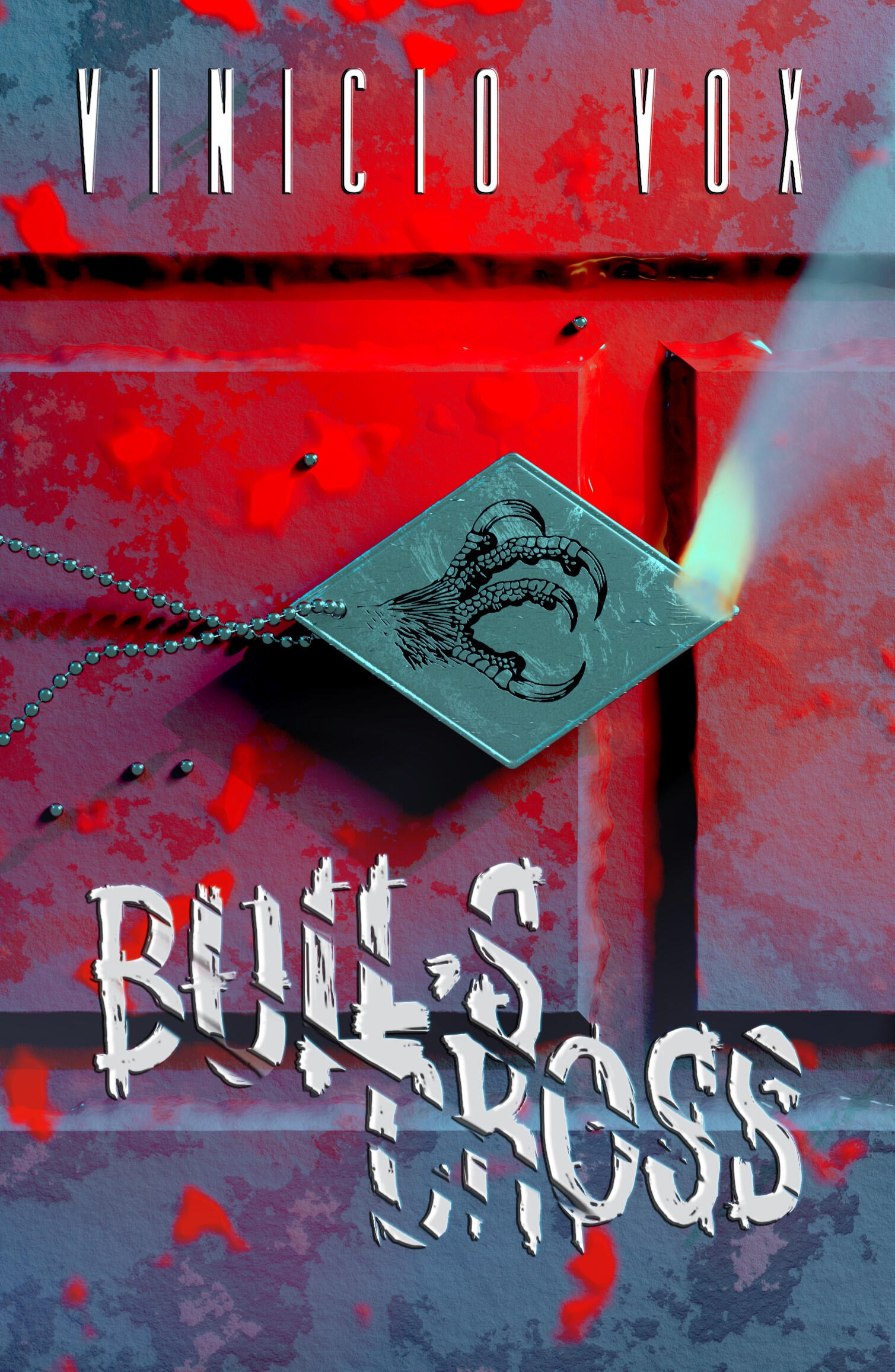 Das Cover zeigt eine Metallmarke vor rot-blauem Hintergrund. Am oberen Bildrand steht "Vinicio Vox". Im unteren Bildbereich steht der Titel "Bull's Cross".